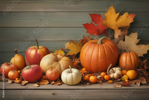 Thanksgiving illustration  Apples  pumpkins  fallen leaves on wood. Room for text. Halloween  Thanksgiving  or seasonal backdrop.