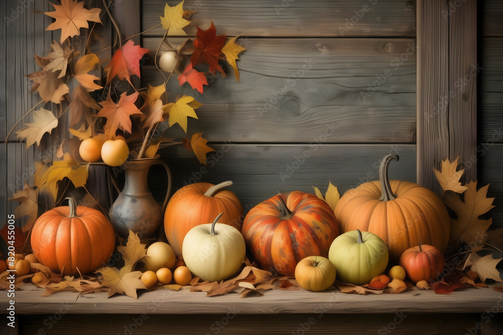 Thanksgiving illustration: Apples, pumpkins, fallen leaves on wood. Room for text. Halloween, Thanksgiving, or seasonal backdrop. Thanksgiving illustration: Apples, pumpkins, fallen leaves on wood. Room for text. Halloween, Thanksgiving, or seasonal backdrop.