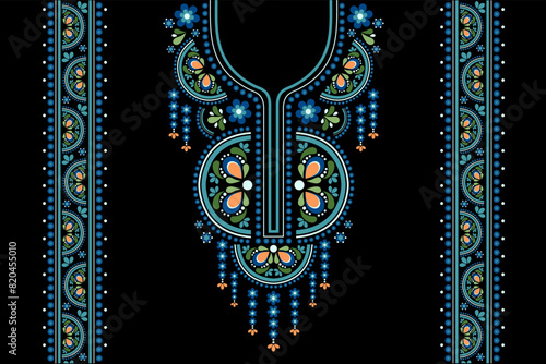 Neckline embroidery ethnic pattern. Floral necklace geometric blue green flower on black background neck ornament. Design for clothing, fashion women, wearing, shirt, print, wallpaper and decoration