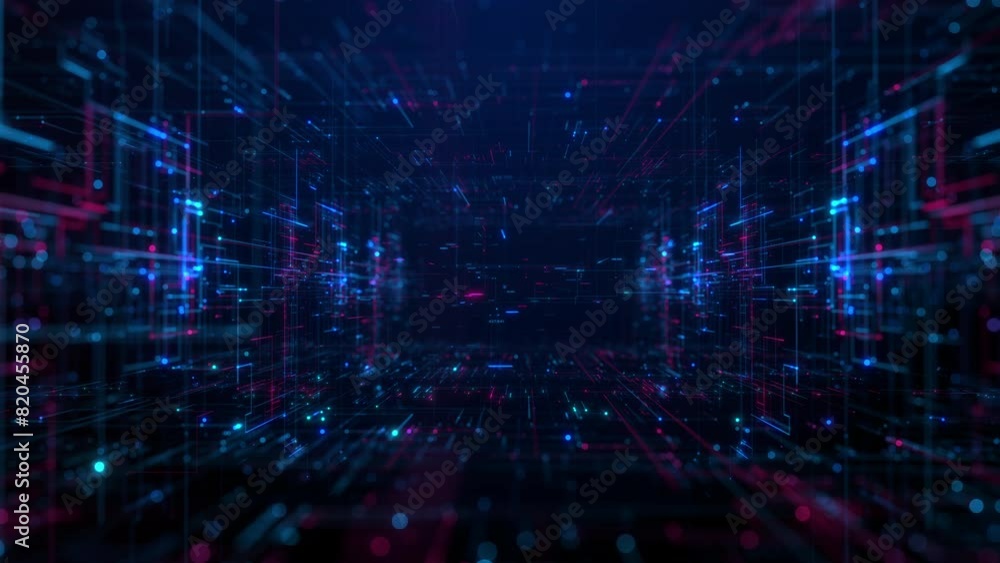 Futuristic Digital Data Network Visualization, Abstract of a futuristic digital network with interconnected points in blue and pink, Technology data network background. Seamless Loop, 4K Futuristic Digital Data Network Visualization, Abstract of a futuristic digital network with interconnected points in blue and pink, Technology data network background. Seamless Loop, 4K