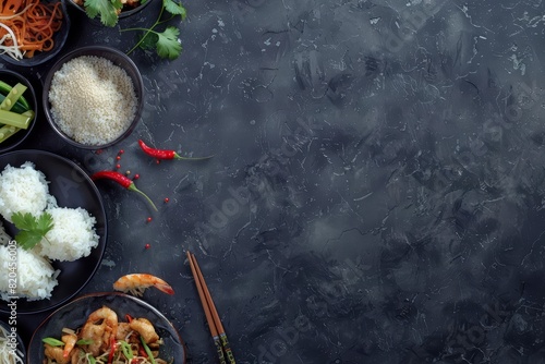 A top view of a minimalist arrangement of Asian dishes on the left side of a dark