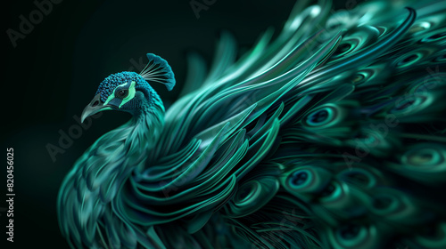 A peacock with its head turned to the side and its feathers spread out