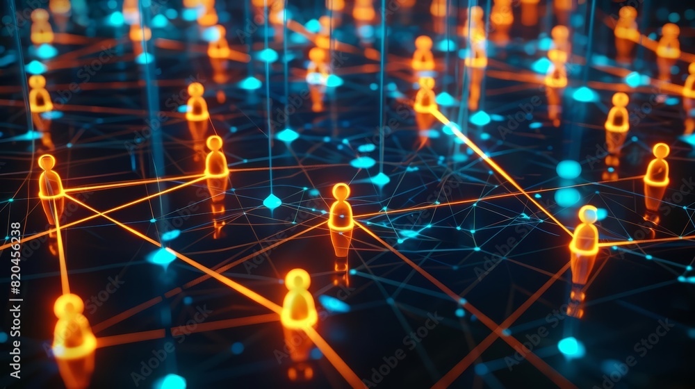 A top view of orange figures connected by bright blue lines on a dark grid A top view of orange figures connected by bright blue lines on a dark grid