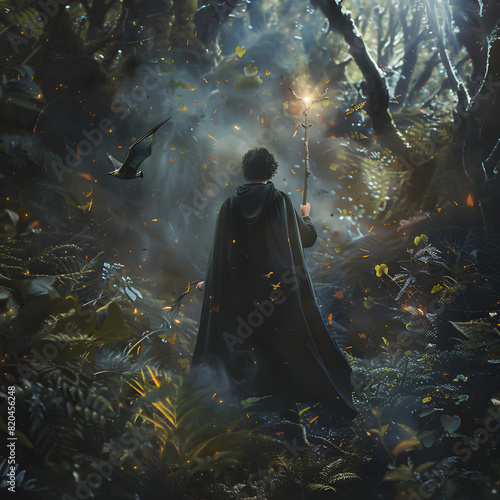 Epic Adventure in a Mystic Forest: Protagonist Holding a Magical Staff Surrounded by Mythical Creatures © Herbert