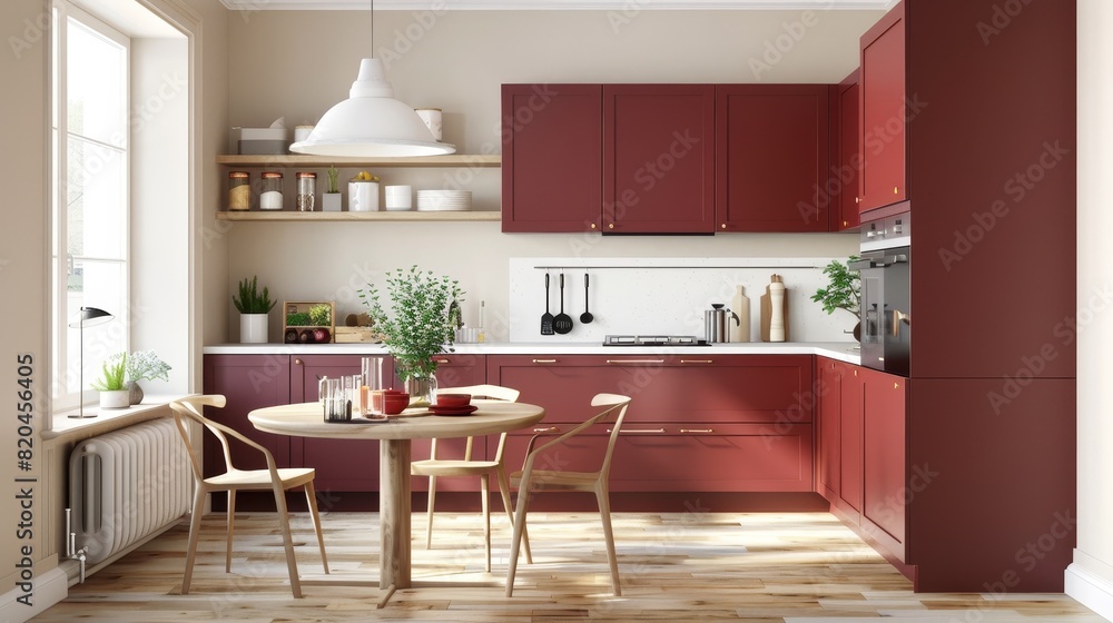 Fototapeta premium Contemporary Kitchen with Rich Burgundy Cabinets and Spacious Layout, Ideal for Modern Cooking Enthusiasts