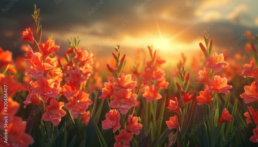 Gladiolus Summer Symphony, Capture the essence of summer with a scene featuring gladiolus flowers swaying gently in the breeze under the warm sunlight Gladiolus Summer Symphony, Capture the essence of summer with a scene featuring gladiolus flowers swaying gently in the breeze under the warm sunlight