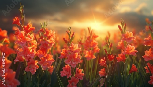 Gladiolus Summer Symphony, Capture the essence of summer with a scene featuring gladiolus flowers swaying gently in the breeze under the warm sunlight © Pornfa