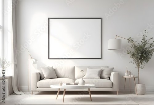 Frame Mockup ISO A paper size frame with a living room wall poster in a modern  white-walled interior design. Photorealistic 3D rendering