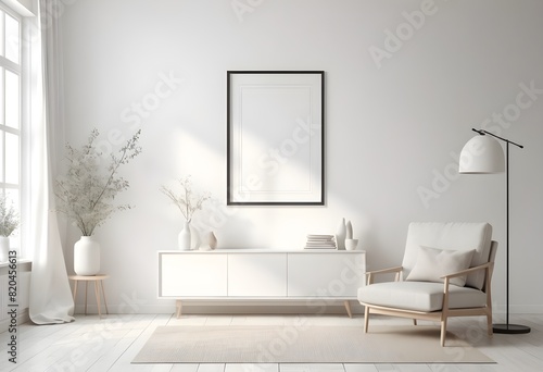 Frame Mockup ISO A paper size frame with a living room wall poster in a modern  white-walled interior design. Photorealistic 3D rendering