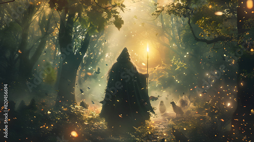 Epic Adventure in a Mystic Forest: Protagonist Holding a Magical Staff Surrounded by Mythical Creatures © Herbert