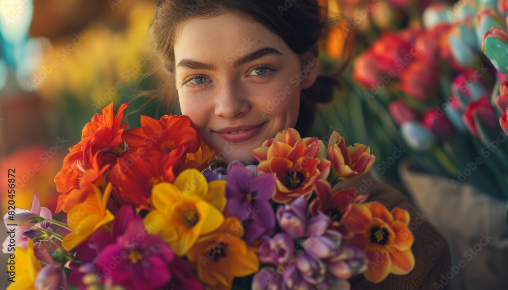 Woman Holding a Bouquet of Freesias with Joyful Expression,human connection with nature, featuring a person holding a cheerful bouquet of Freesias Woman Holding a Bouquet of Freesias with Joyful Expression,human connection with nature, featuring a person holding a cheerful bouquet of Freesias
