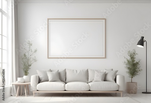 Frame Mockup ISO A paper size frame with a living room wall poster in a modern  white-walled interior design. Photorealistic 3D rendering