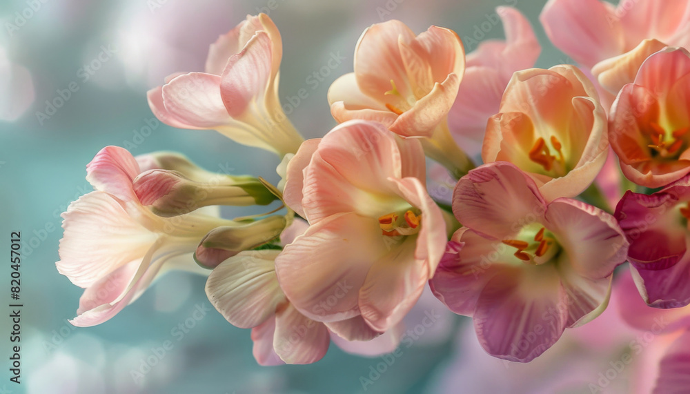 Fototapeta premium Close-Up of Fragrant Freesia Blooms in Pastel Hues,close-up shot showcasing the intricate details and soft hues of Freesia flowers, emphasizing their fragrance and elegance
