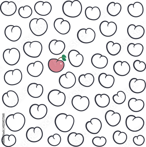 Imitation of cartoon peaches or sweet fruits. One of these objects is painted, with a twig and leaves.