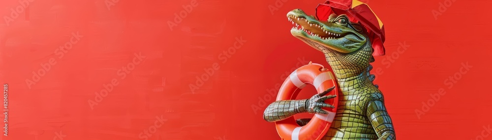 An alligator dressed as a lifeguard, holding a rescue buoy against a solid red background with copy space