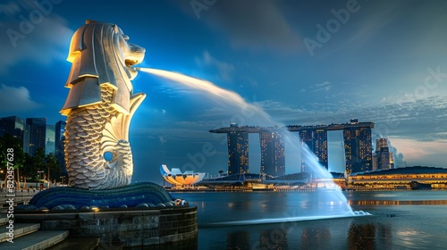 merlion statue cityscape singapore