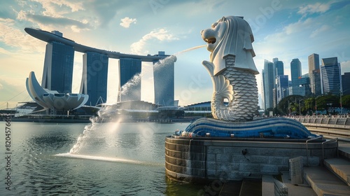 merlion statue cityscape singapore