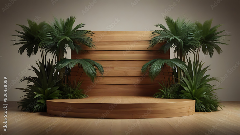 Fototapeta premium A wood podium stage, surrounded by intricately detailed tropical palm leaves, each rendering with its own unique and interesting stylistic twist background