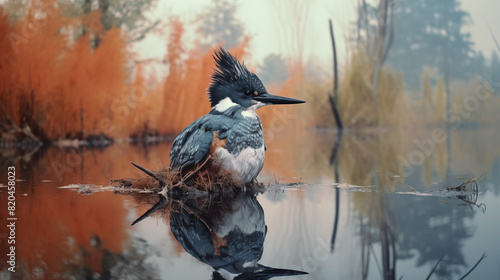 Double Exposure, White Background, Kingfisher (Ceryle alcyon) illustration ~ Created using Generative AI photo