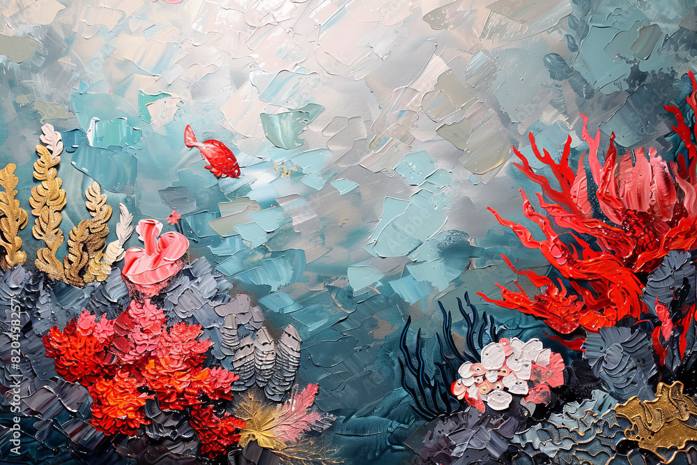A painting of a coral reef with a red fish swimming in the foreground