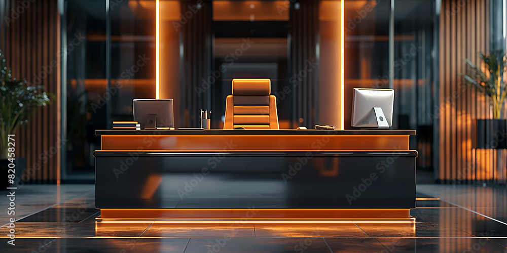 Modern executive office with a sleek black desk, elegant lighting, and sophisticated decor, perfect for business or corporate environments. Modern executive office with a sleek black desk, elegant lighting, and sophisticated decor, perfect for business or corporate environments.
