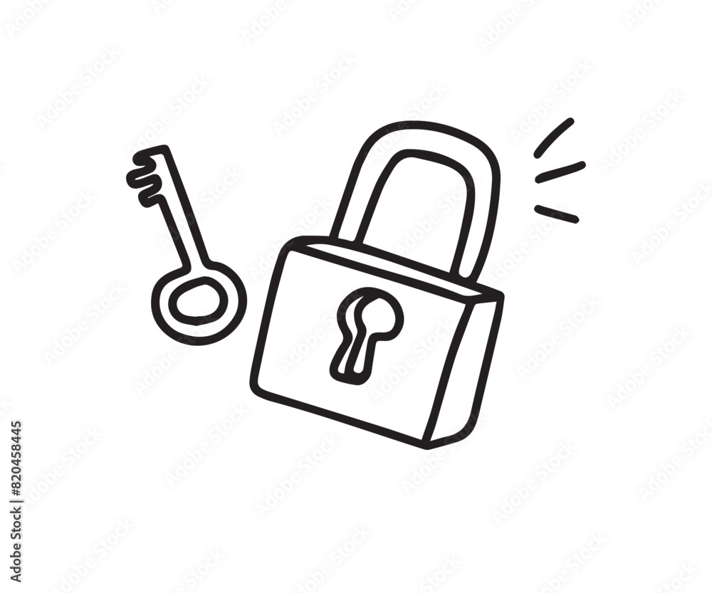 doodle lock and key. Hand drawn sketch style. Protection, Isolated key to solving the problem doodle lock and key. Hand drawn sketch style. Protection, Isolated key to solving the problem