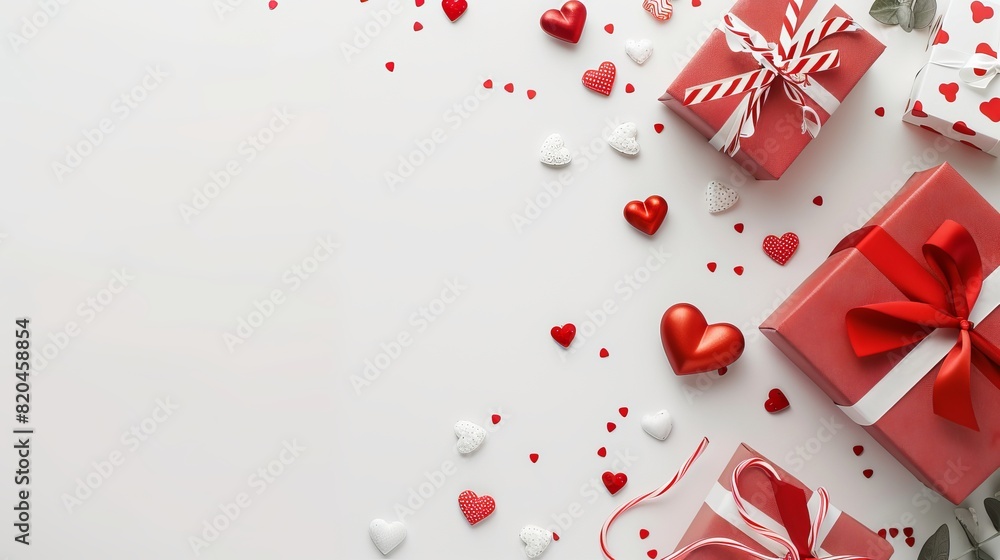 Valentine's Day Gift Box and Decorations on White Background - Festive Flat Lay Composition Valentine's Day Gift Box and Decorations on White Background - Festive Flat Lay Composition