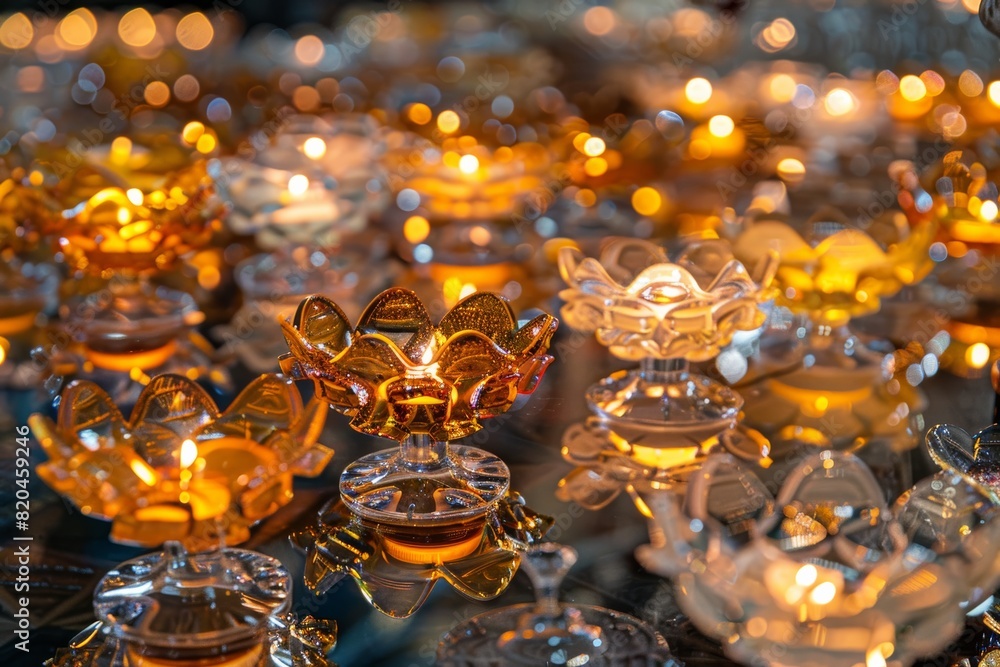 Transparent glass candle holders, each containing a lit candle. Warm golden light creates soft glowing ambiance with bokeh effect on background, evoking sense of serenity. Transparent glass candle holders, each containing a lit candle. Warm golden light creates soft glowing ambiance with bokeh effect on background, evoking sense of serenity.
