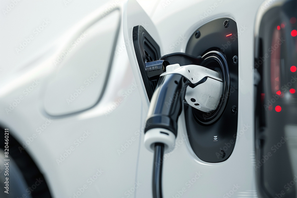 Electric car on electric car charging station. Power supply for electric car charging. Clean energy concept Electric car on electric car charging station. Power supply for electric car charging. Clean energy concept