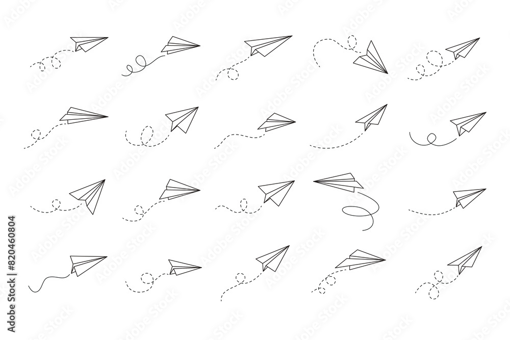 Hand drawn doodle paper plane set. isolated planes flight path. Line airplane icon travel, route. Hand drawn doodle paper plane set. isolated planes flight path. Line airplane icon travel, route.