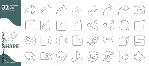 Share icon. Set of icons to share location, network, video, blood,...