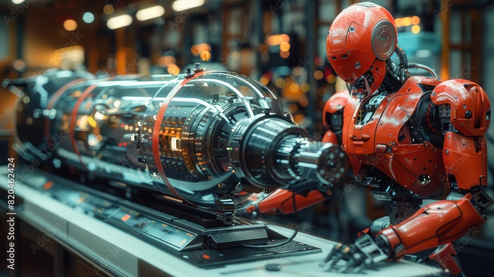 A robot with advanced capabilities assembling a nuclear bomb, every detail visible A robot with advanced capabilities assembling a nuclear bomb, every detail visible