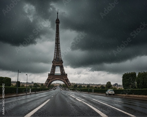 The Eiffel Tower statue on a snowfall night background in the car and cupcake in Eifel tower