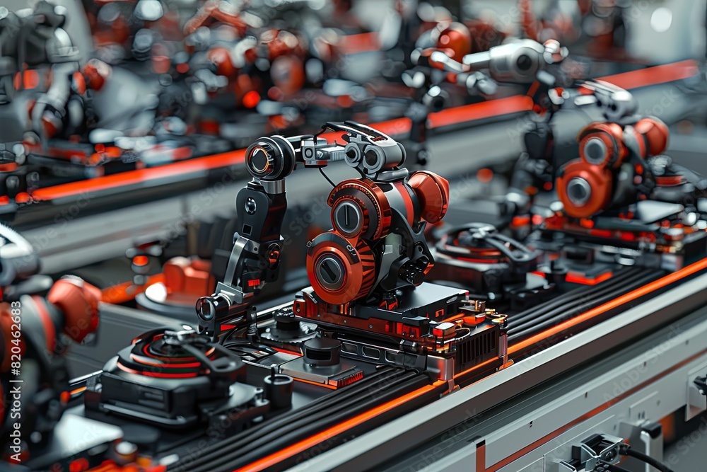 Fototapeta premium Robotics facility with humanoid robot parts on an assembly platform