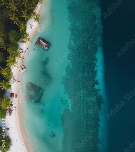 Aerial view of a tropical beach with turquoise water and coral reef, in the documentary photography style, taken from a drone with a wideangle lens and high resolution camera