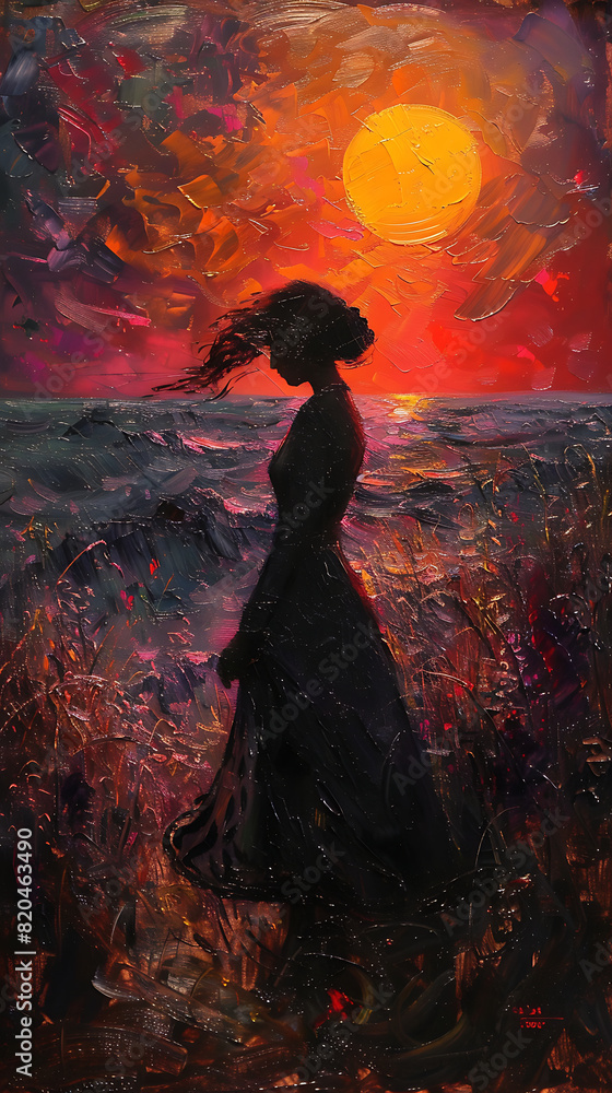 Oil painting art featuring a woman gracefully framed against the backdrop of a stunning sunset Oil painting art featuring a woman gracefully framed against the backdrop of a stunning sunset