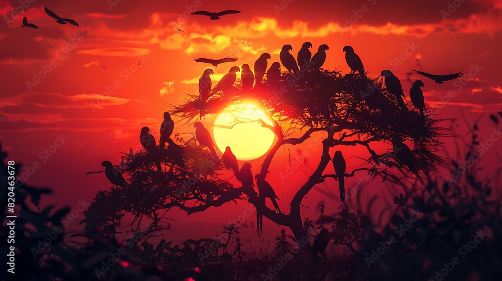 A flock of African parrots silhouetted against a vivid African sunset.