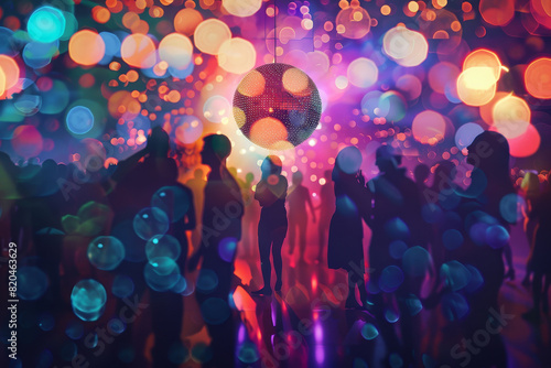 A group of people are dancing in a club with a disco ball in the center photo