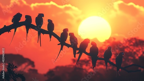 A flock of African parrots silhouetted against a vivid African sunset. photo