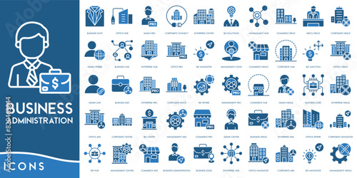 Business Administration icon line. Business Suite, Office Hub, Admin Pro, Corporate Connect, Enterprise Center, Biz Solutions, Management Hub, Commerce
