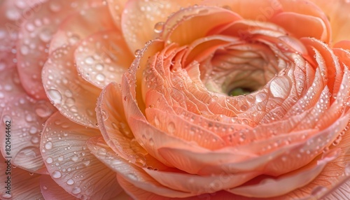 flowers through macro photography. capturing the fine textures, patterns, and dewdrops on the petals, highlighting the delicate and enchanting nature of Ranunculus blooms