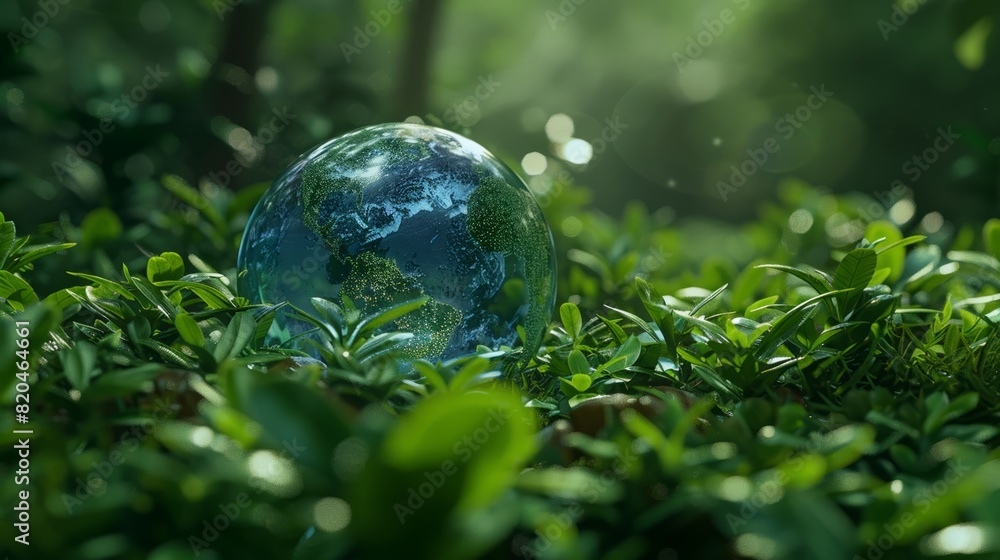 Serene landscape wraps peaceful blue globe in leafy embrace Serene landscape wraps peaceful blue globe in leafy embrace