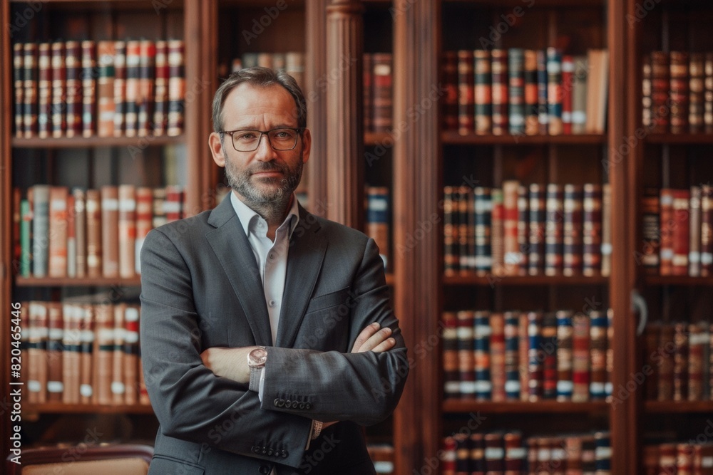 Fototapeta premium Confident Lawyer in Business Suit in Front of Law Bookcase 