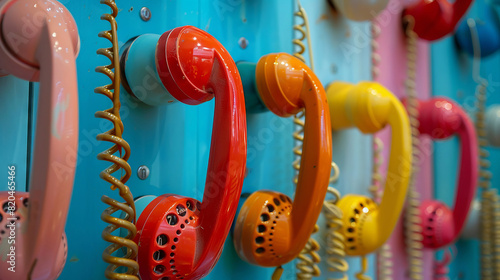 Close-up of vintage rotary phones in various bright colors mounted on a turquoise wall photo