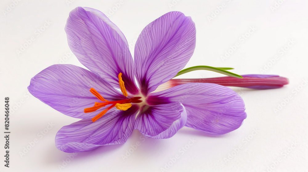 Saffron flower with orange stamens and delicate petals on a white background Saffron flower with orange stamens and delicate petals on a white background
