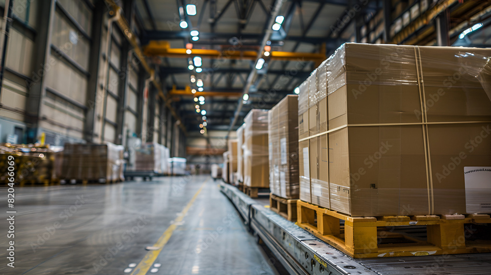 Cartons and Parcels on Roller Conveyors in a Warehouse 