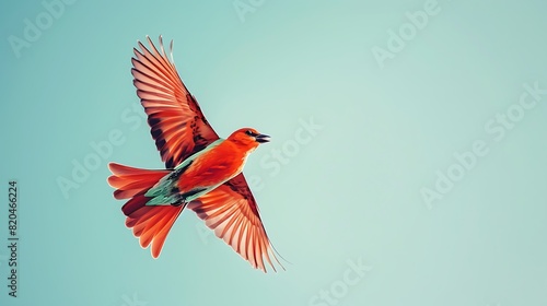 Cerulean red bird soaring gracefully across a clear blue sky. © Khan