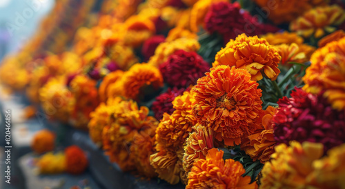 Marigold Garland Adorned, A festive scene capturing a traditional marigold garland adorned in vibrant colors, symbolizing auspiciousness and celebration photo