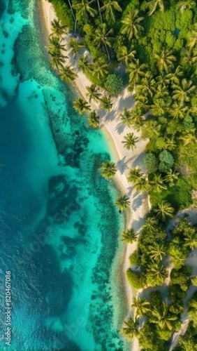 Aerial view of a tropical beach with turquoise water and coral reef  in the documentary photography style  taken from a drone with a wideangle lens and high resolution camera