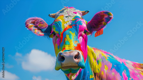 Big Cow at the Holi Festival Party Celebration. Different colors powder explosion  generative ai. Full size of a big cow at the Holi festival party celebration.  geneative ai 